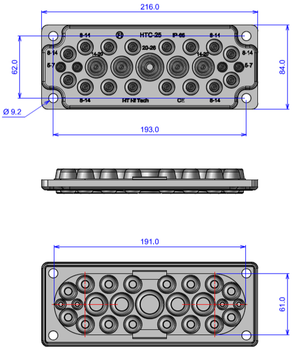 HTC-25, Мультифланец 1х20-26/12-15, 16х8-14/7-10, 4х5-7, IP65(IP55), серый
